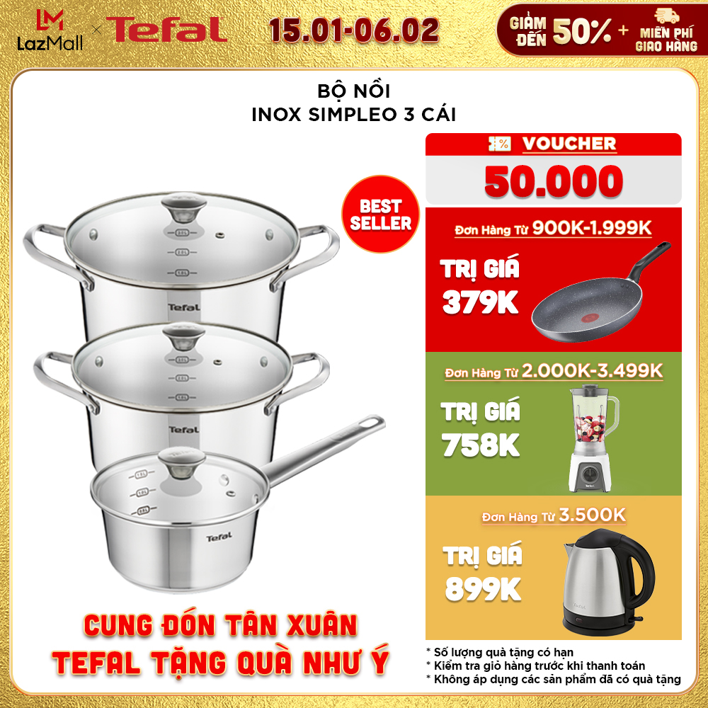 Bộ nồi inox Tefal Simpleo B907S644 3 món (2 nồi 1 quánh) – Thiết kế từ Pháp với inox 304 cao cấp