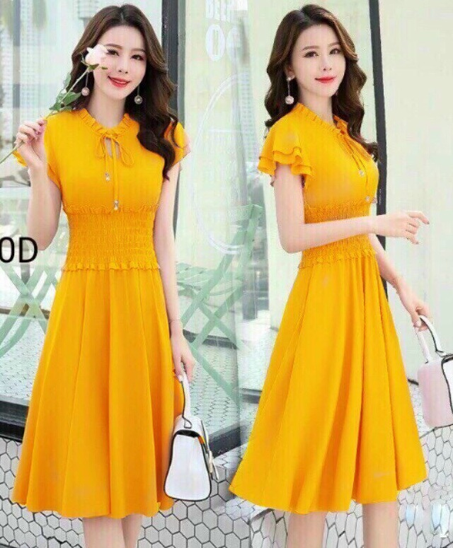 [HCM]Đầm tiểu thư nhún eo dễ thương bốn màu ( màu hồng màu đen màu đỏ và màu vàng )