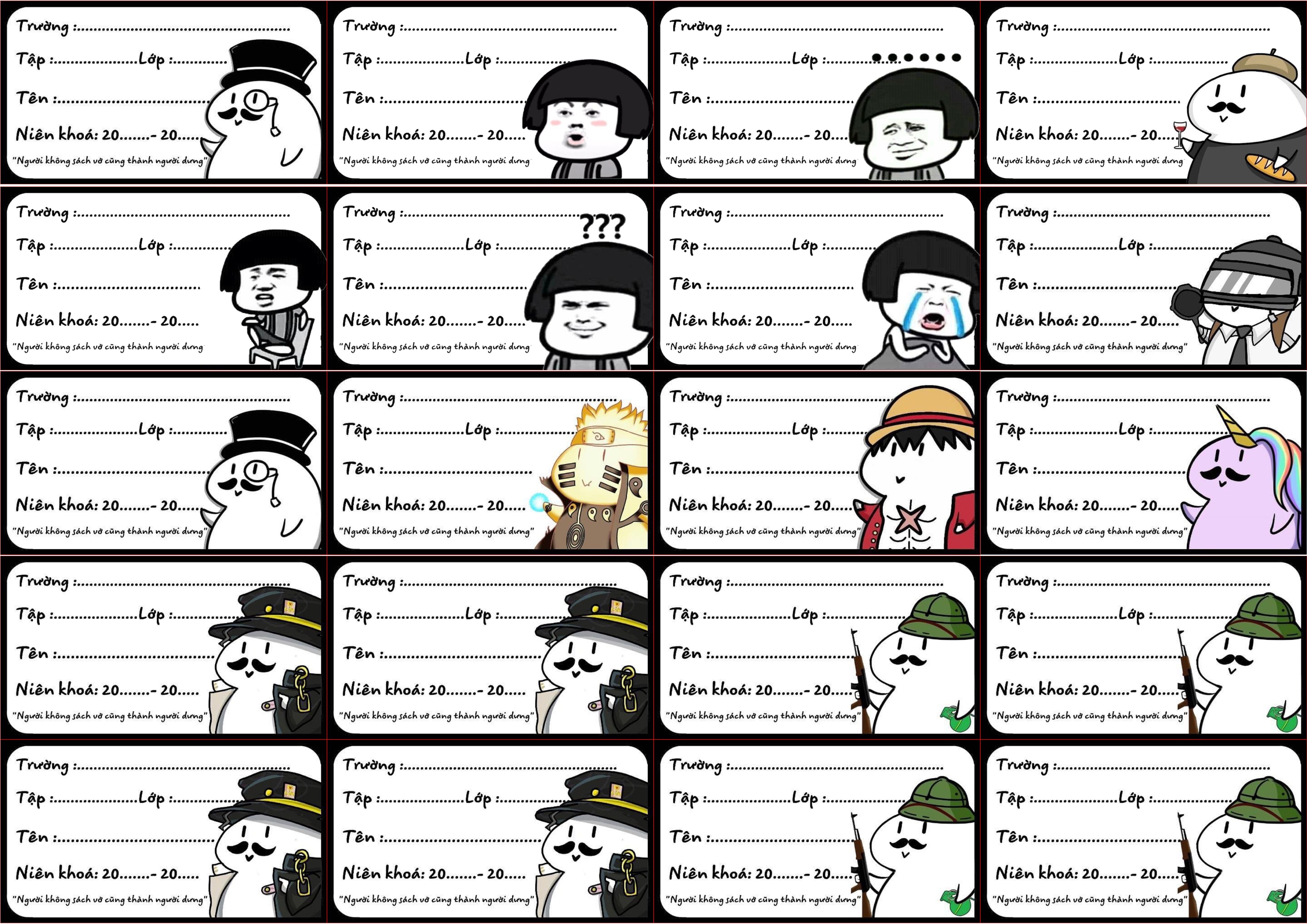 Nhãn vở troll meme 20 nhãn có lớp bóc dán