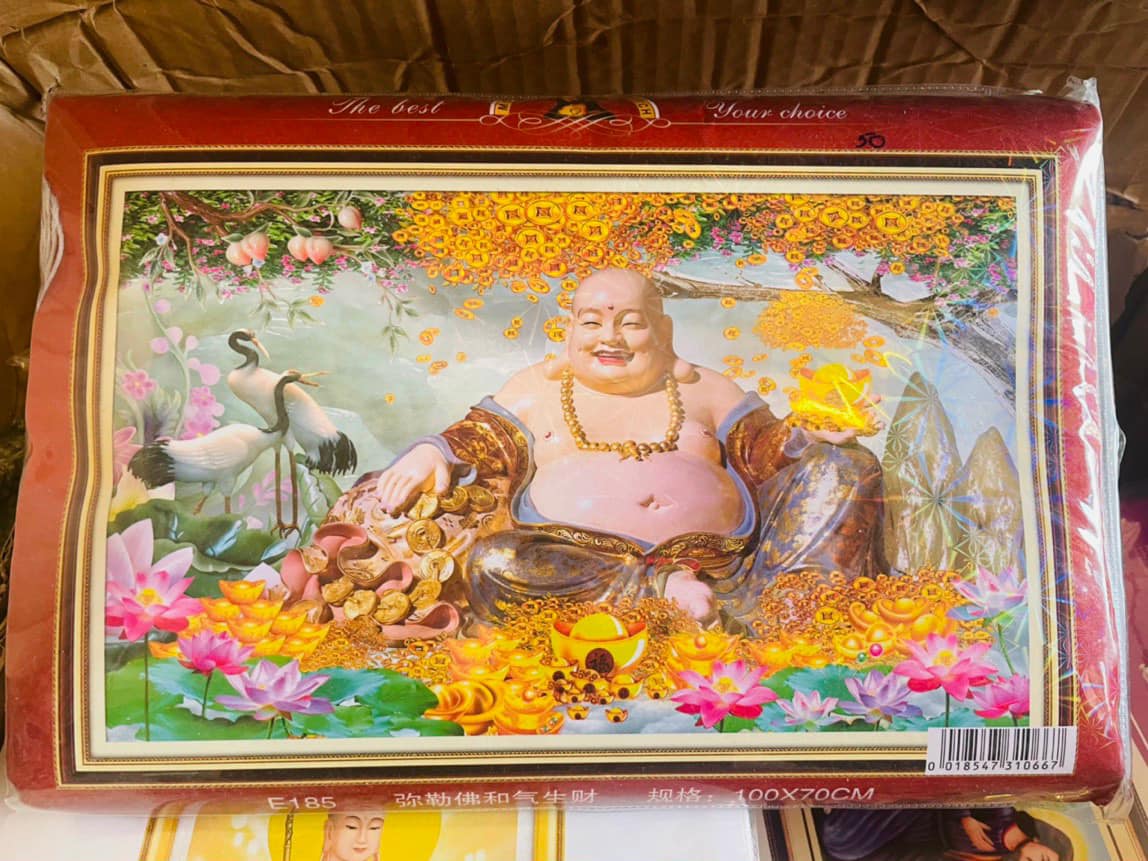 (Tặng kéo)Tranh thêu kín Phật Di Lặc Ngũ Phúc ( tranh chưa thêu)