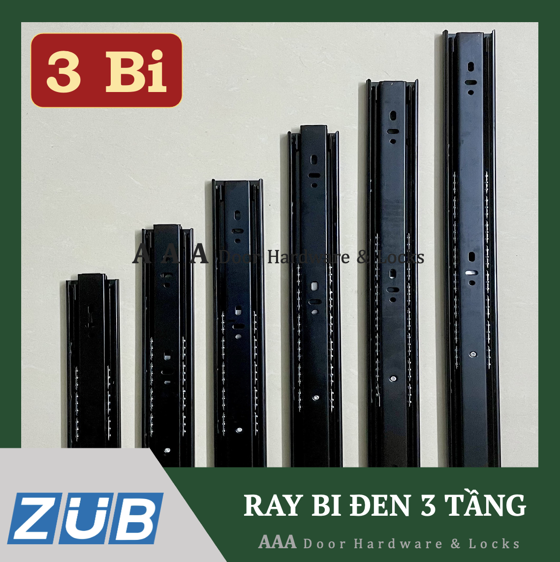 Bộ 2 thanh ray trượt hộc tủ màu ĐEN - Ray trượt 3 bi 3 tầng ngăn kéo tủ bản 42mm