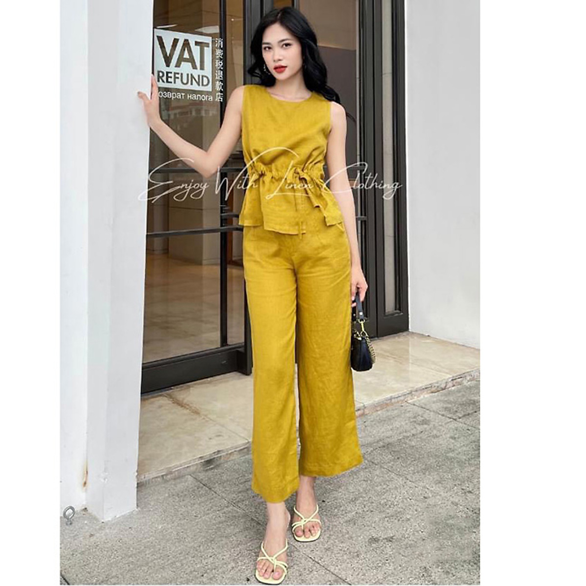 Set bộ linen quần đứng kèm áo ghile nhún bèo trẻ trung