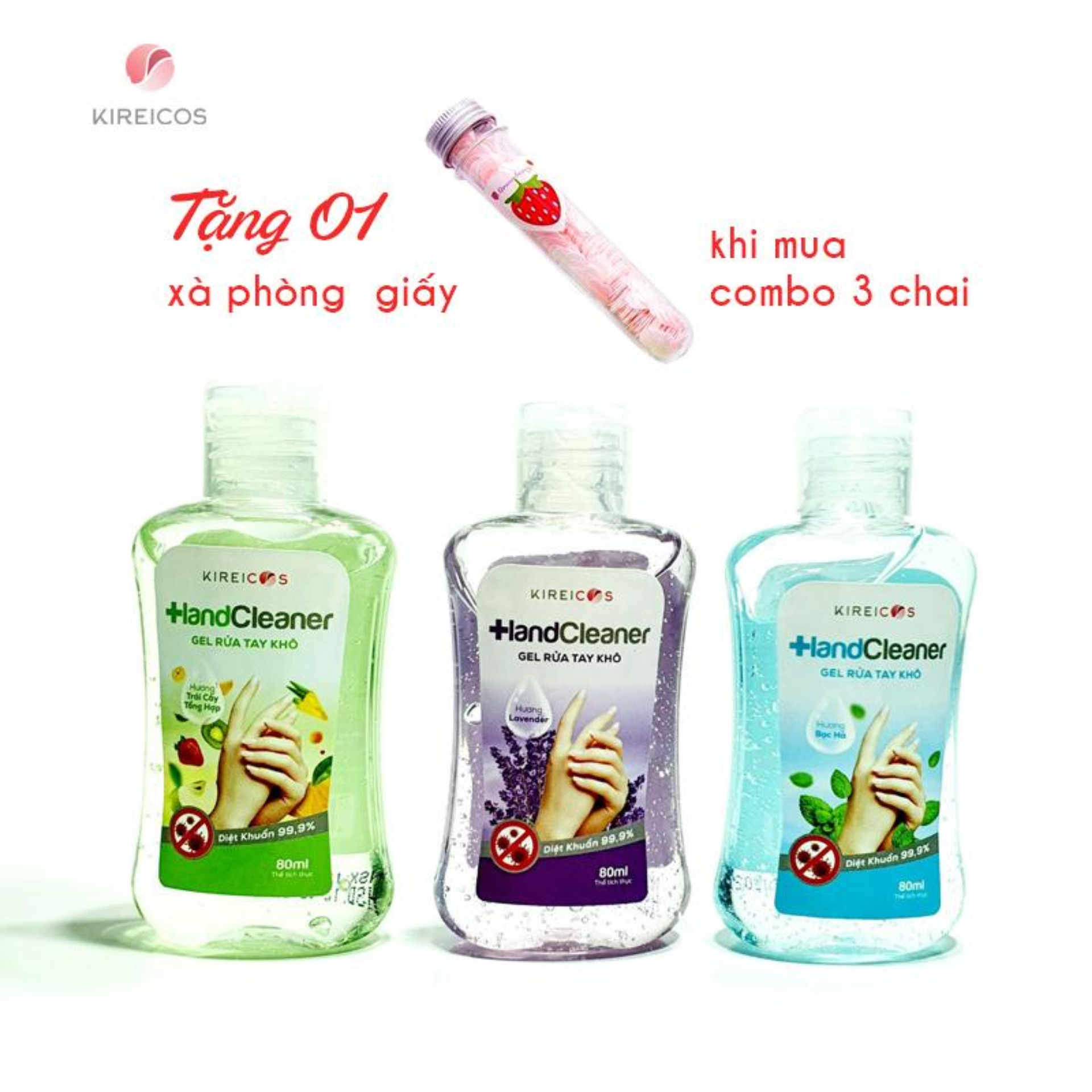Combo 3 chai gel rửa tay khô kireicos 80ml tặng 1 xà phòng giấy dễ thương