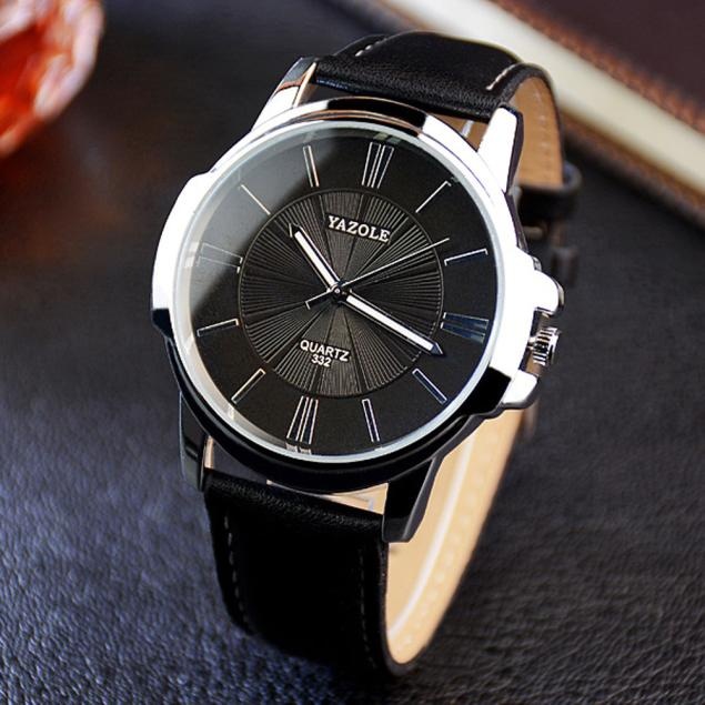 Đồng hồ nam dây da yazole 332 (Đen Bạc Đen)