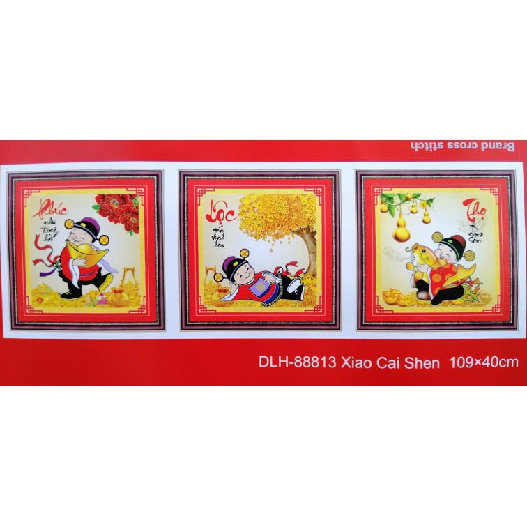 [HCM]Tranh thêu chữ thập tiểu thần tài phúc lộc thọ 88813 - kích thước 109 * 40
