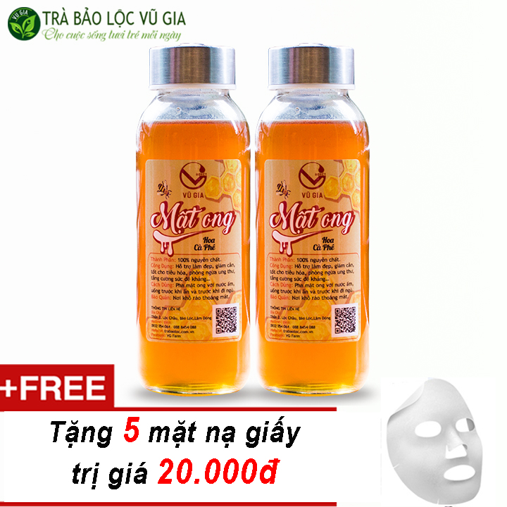 Combo 2 Mật Ong Hoa Cà Phê Nguyên Chất Vũ Gia (420g/hũ) + Tặng 5 Mặt Nạ Giấy - Hỗ trợ đắp mặt nạ dưỡng da, tẩy tế bào chết, xóa mờ thâm nám tàn nhang - Đã được kiểm nghiệm y tế