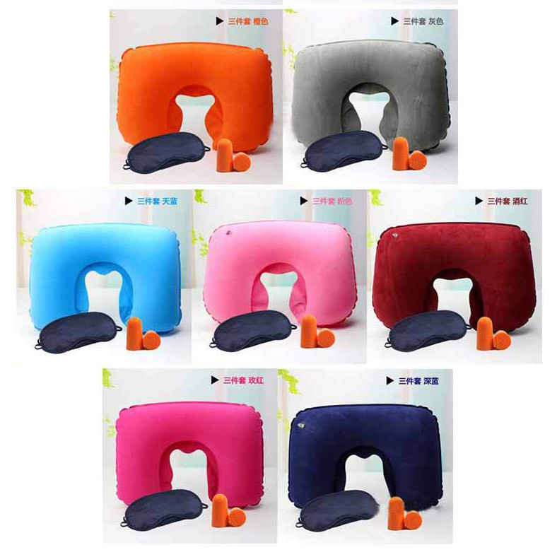 Bộ 3 món gối hơi du lịch, đủ màu (gối hơi, bịt tai, bịt mắt)