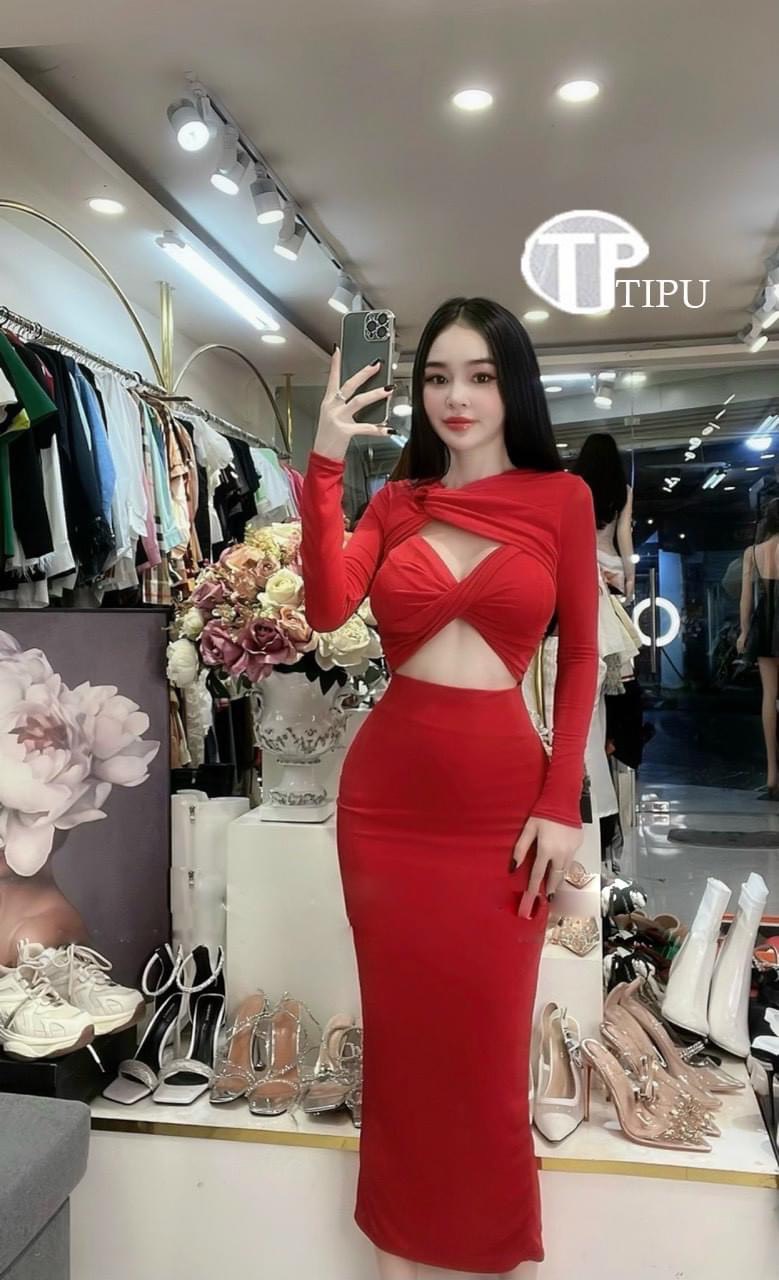 Đầm body kiểu xoắn ngực tay dài chất thun borip có đệm mút ngực hở eo quyến rũ gợi cảm - hmt