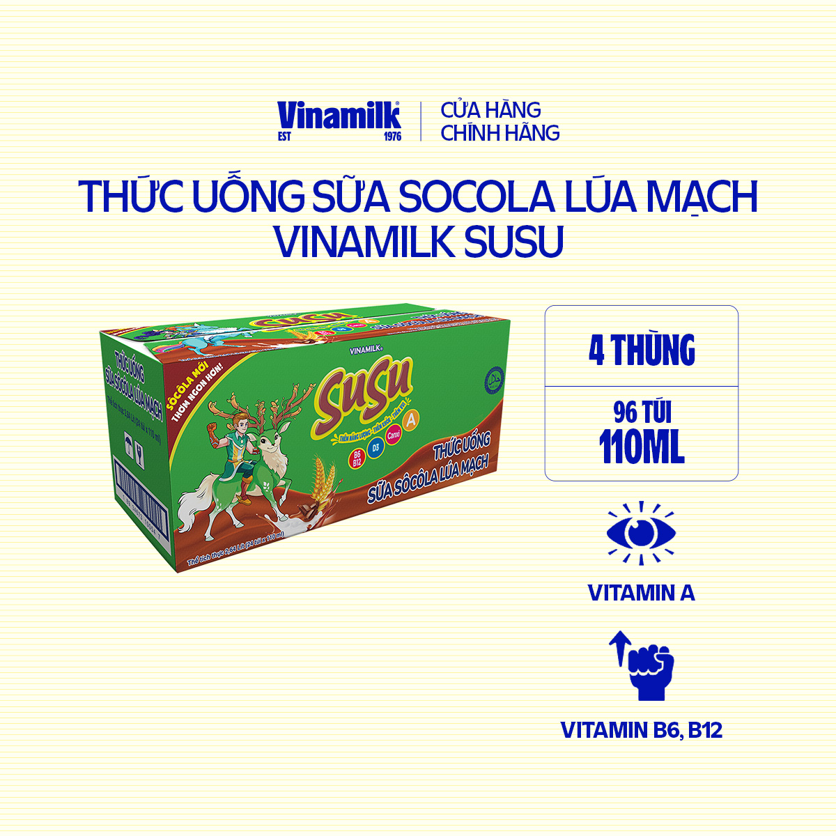 4 Thùng Thức uống Sữa Socola Lúa Mạch Vinamilk Susu Túi 110ml - 24 túi/Thùng