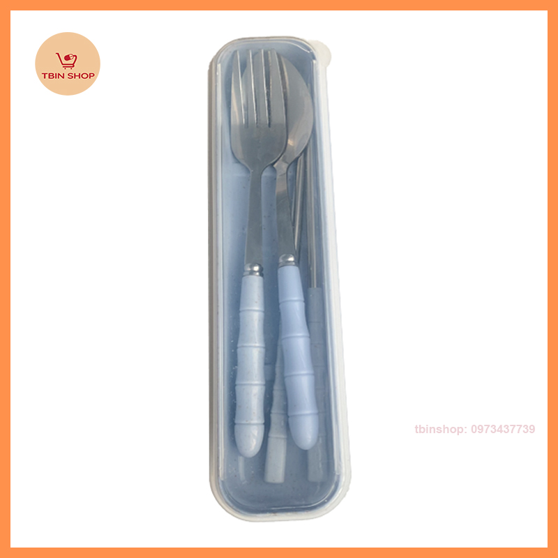 Bộ Thìa Đũa Dĩa Inox Cán Lúa Mạch - Hộp Nhựa Lúa Mạch
