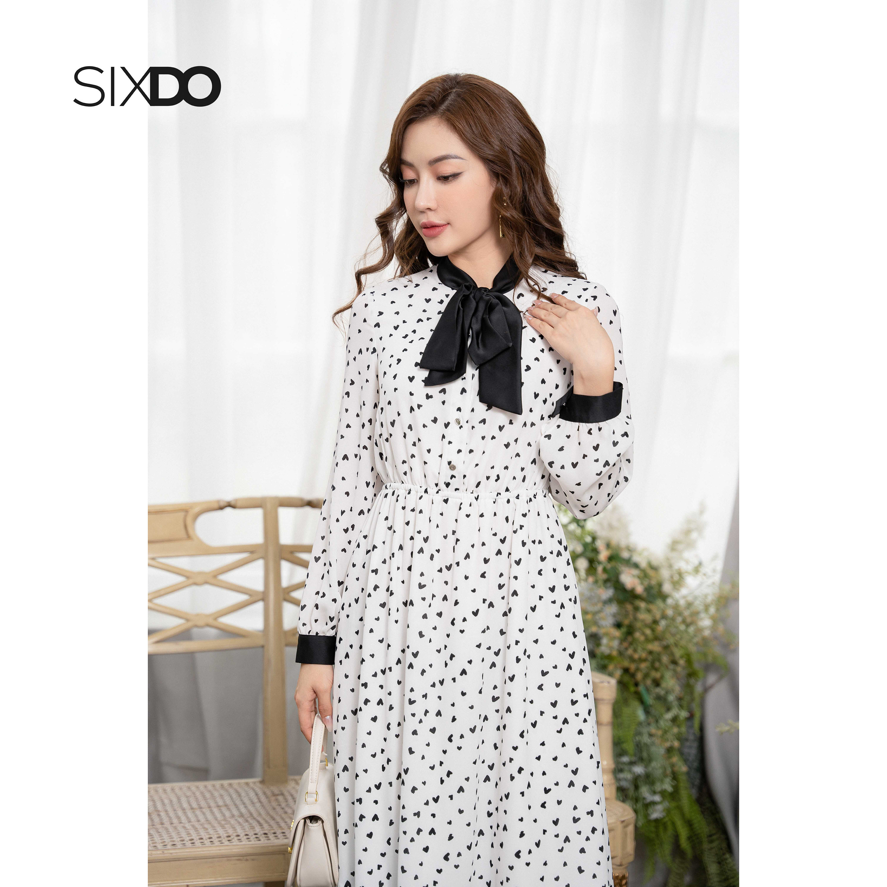 Đầm chiffon trắng họa tiết trái tim SIXDO (White Midi Chiffon Dress With Bowtie)