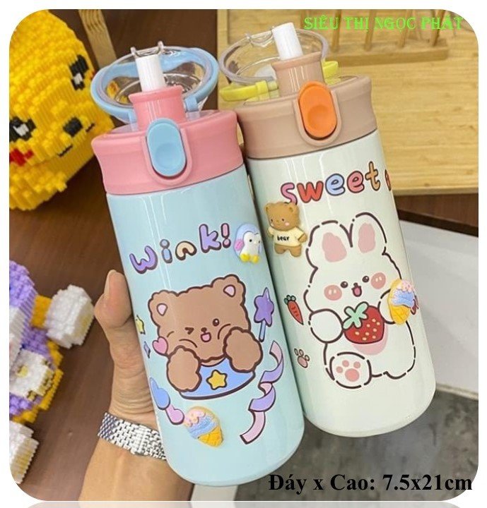 Bình Giữ Nhiệt Gấu HLX_500ML + Ống Hút + Ticker
