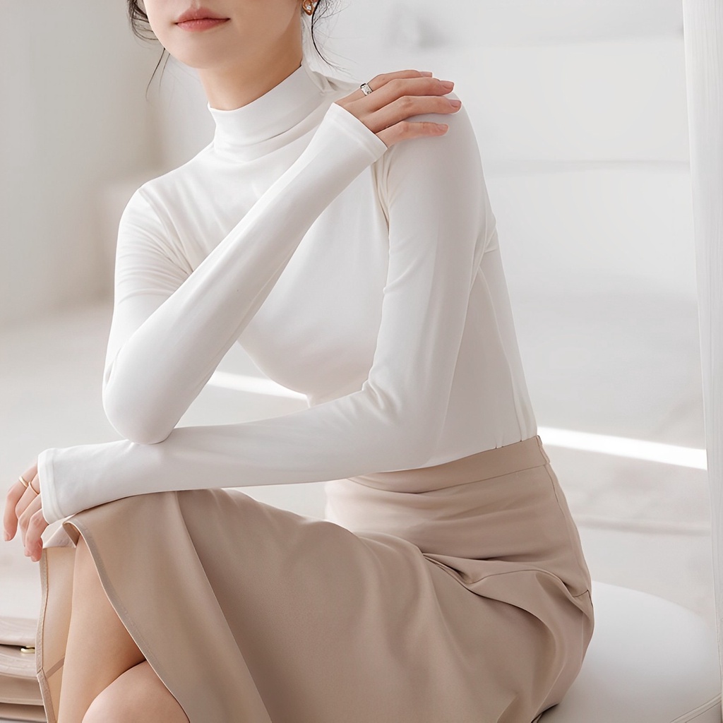Áo giữ nhiệt nữ dài tay MADELA chất cotton co giãn cổ cao ôm dáng, áo thun giữ nhiệt cổ lọ dáng ôm