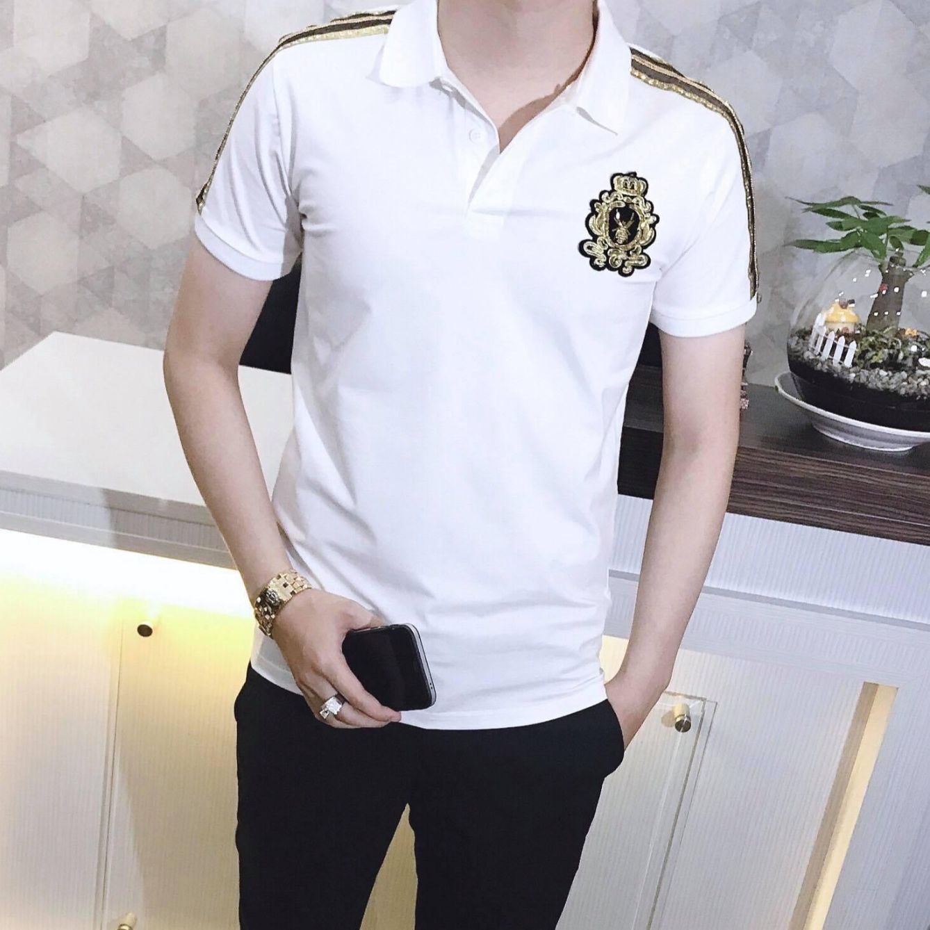 Áo Thun Nam Cổ Bẻ Viền Vai Kim Tuyến Cực Hot