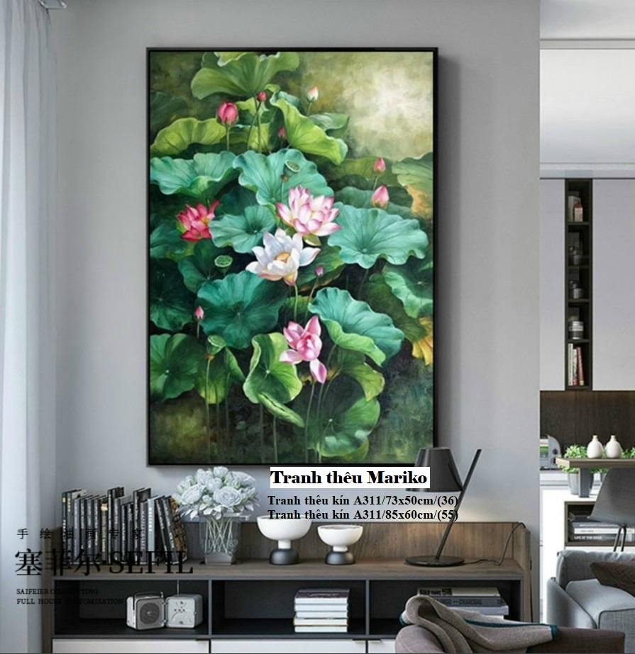 Tranh thêu kín mẫu mới hoa sen a311 kích thước 73 x 50 cm