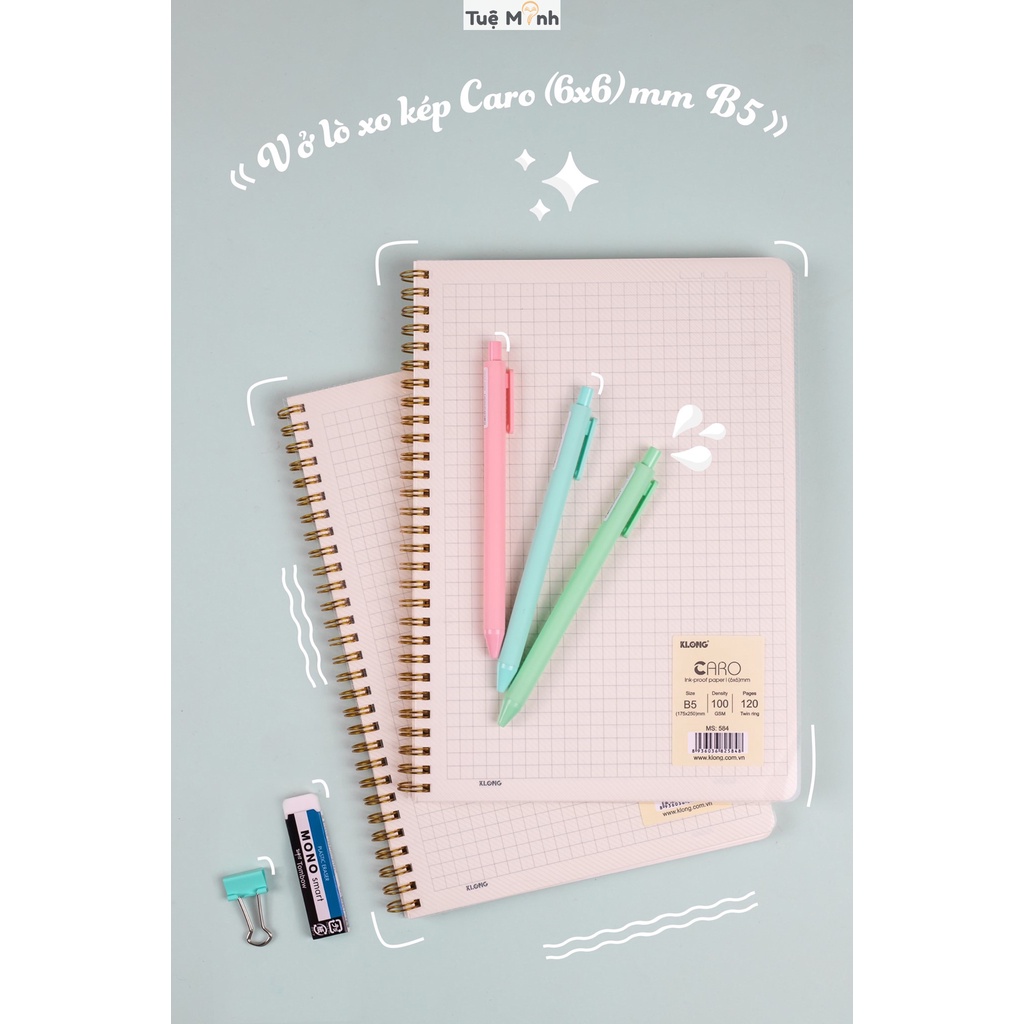 Vở caro ô 6x6 mm bìa trong suốt 120 trang lò xo kép B5, tập sổ Klong MS 584-VPPKLONG