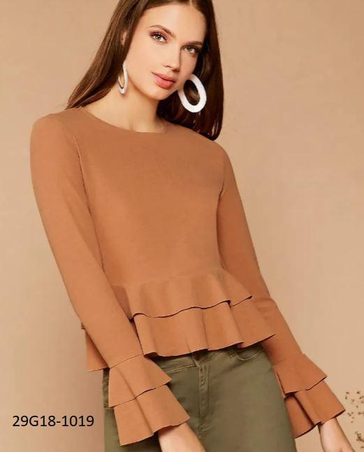 G18-1019 áo kiểu nâu nude peplum sang trọng