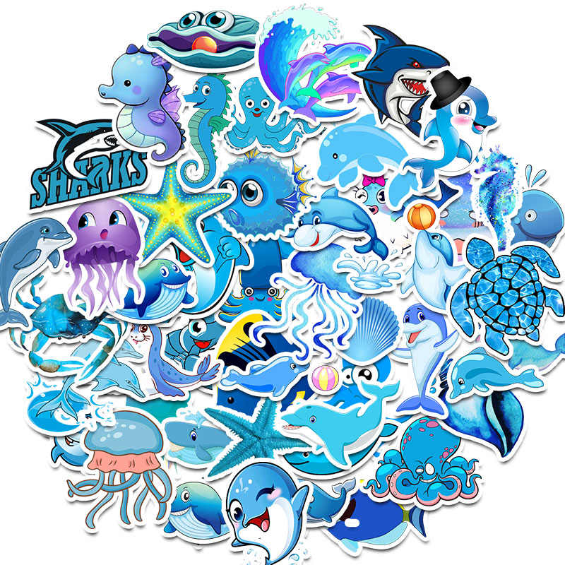 Sticker động vật biển set 30-50 cái ép lụa/hình dán màu xanh nước biển