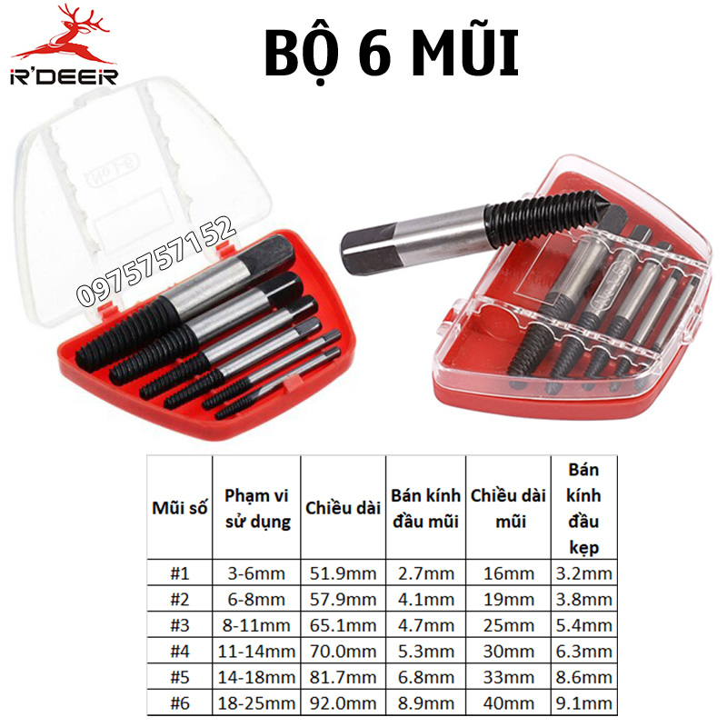 Bộ 6 mũi vít nhổ ốc gãy, bộ tháo bu lông ốc vít trờn ren R'DEER RT-Q06, dụng cụ vặn ốc vít hư, thép CR-Mo siêu cứng, ren siêu chuẩn, tháo vít gãy toét chuyên nghiệp, bộ nhể ốc gãy đa năng