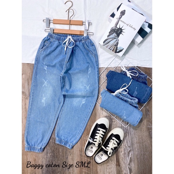 Quần jean nữ dáng baggy lưng thun mẫu cào xước lai bo chun có size đại