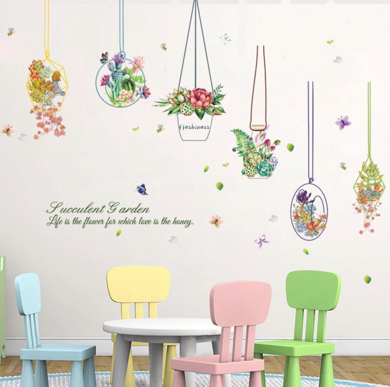 decal dán tường mẫu giỏ hoa treo trang trí phong cách