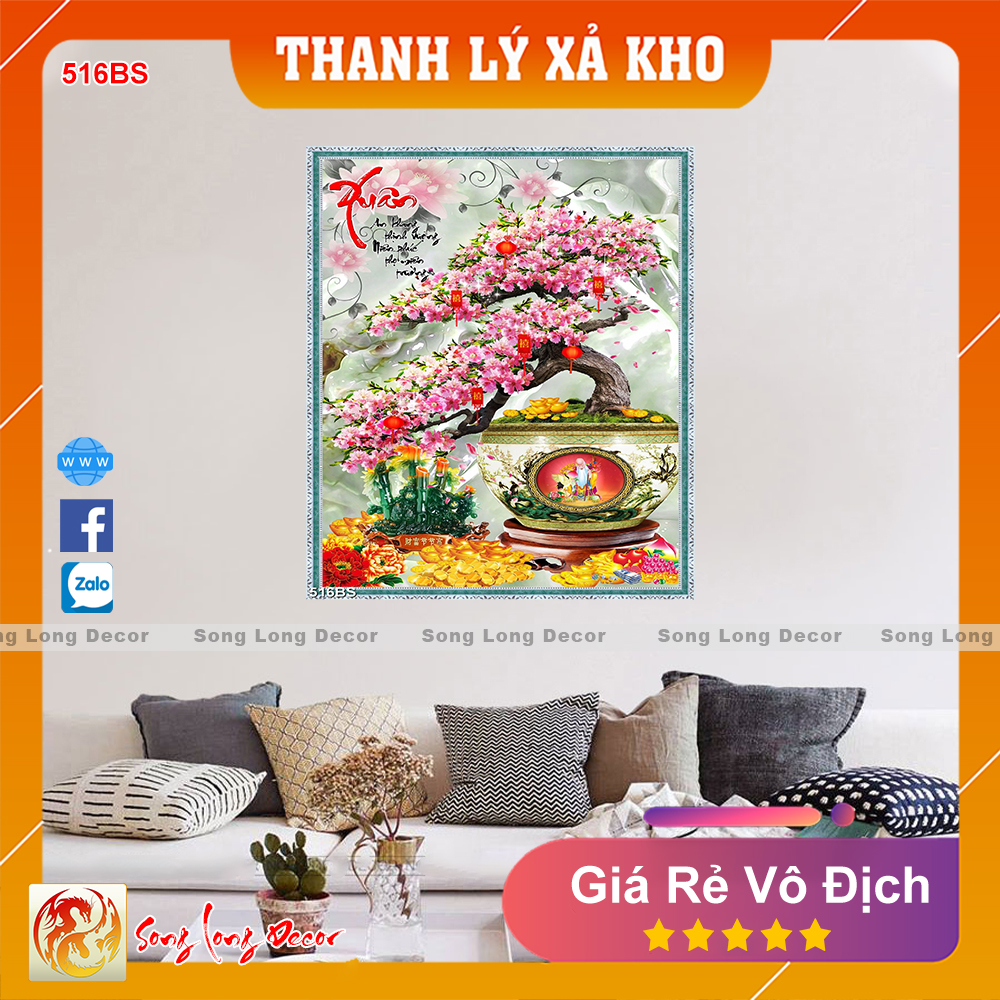 Tranh dán tường 3d Bon Sai Hoa Đào- Tranh 3D Phong Thủy Ngày Tết - Giấy dán tường 3d - Song Long Decor - 516BS