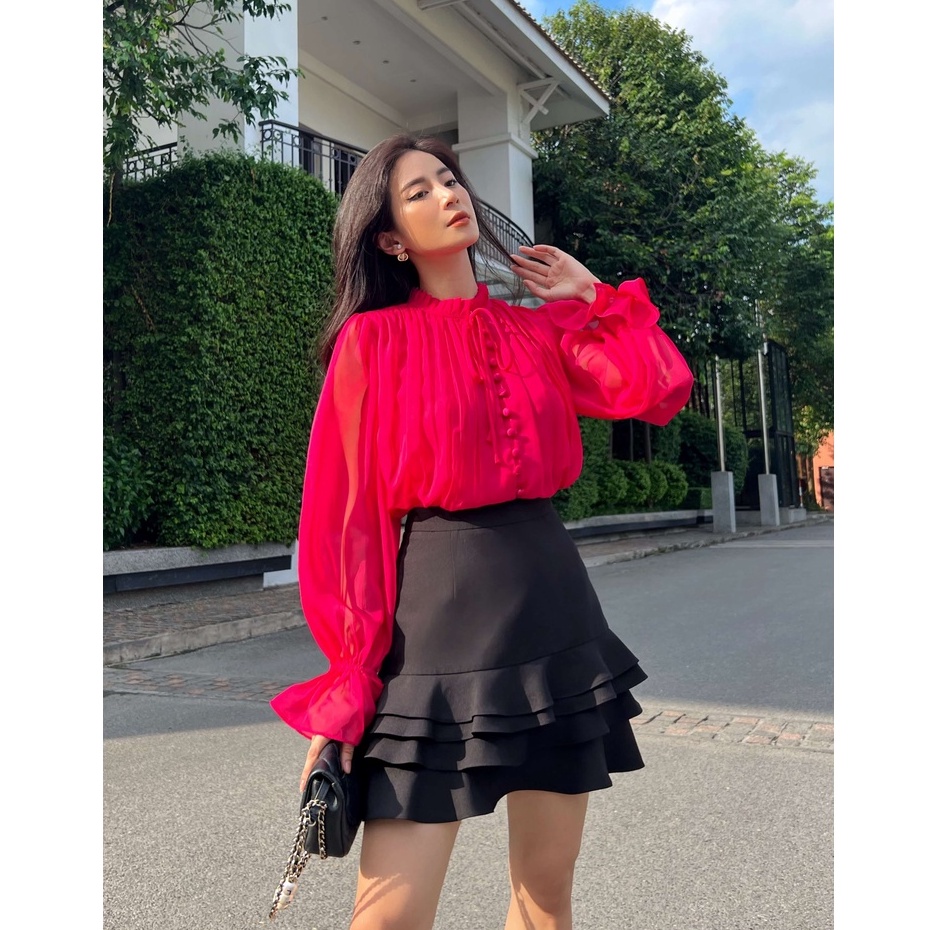 Áo sơ mi tơ tằm cổ bèo xếp nhún vai huong boutique hbsm1003