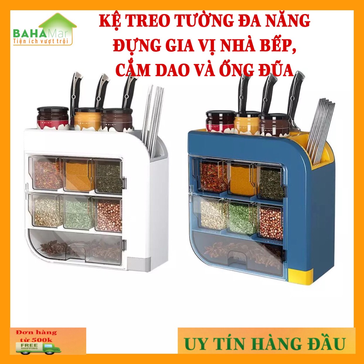 KỆ TREO TƯỜNG ĐA NĂNG ĐỰNG GIA VỊ NHÀ BẾP, CẮM DAO VÀ ỐNG ĐŨA "BAHAMAR" sắp xếp và phân loại rõ ràng các loại gia vị và cắm dao đũa sạch sẽ khô ráo