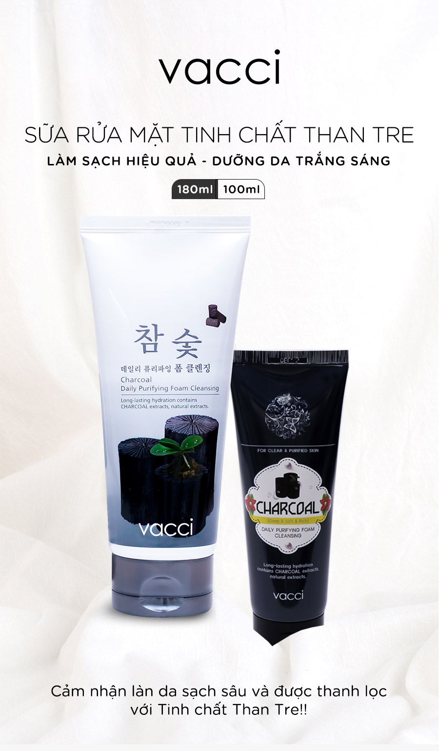 Sữa rửa mặt ngăn ngừa mụn tinh chất Than tre Vacci