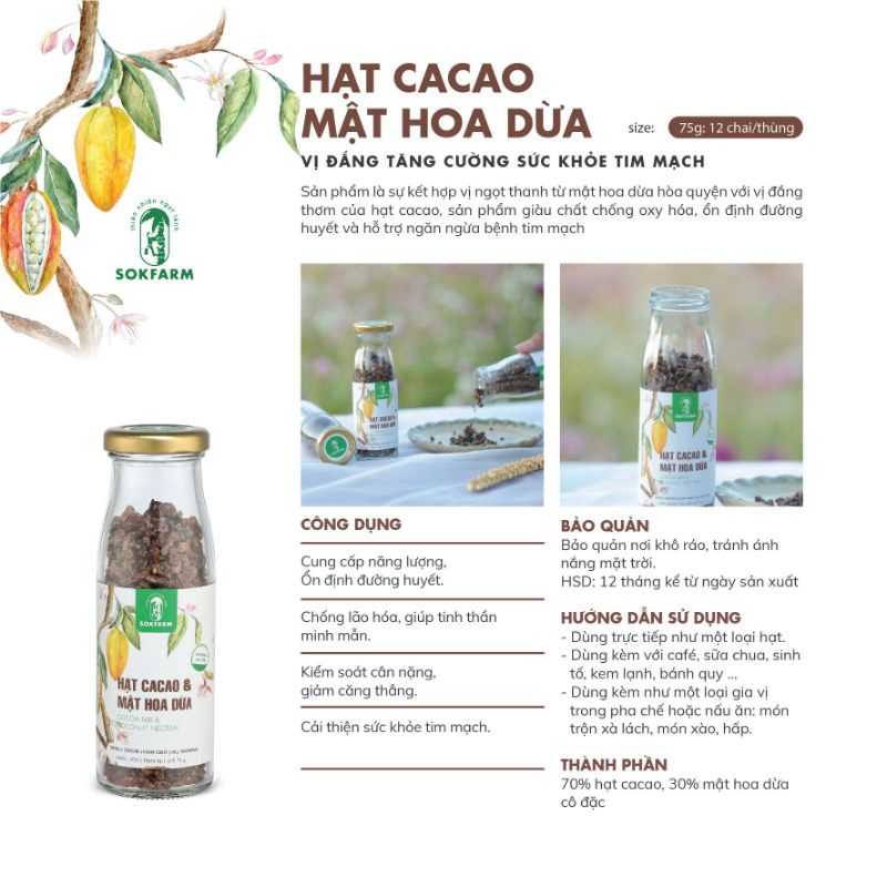 Cacao Mật Hoa Dừa Sokfarm 75g