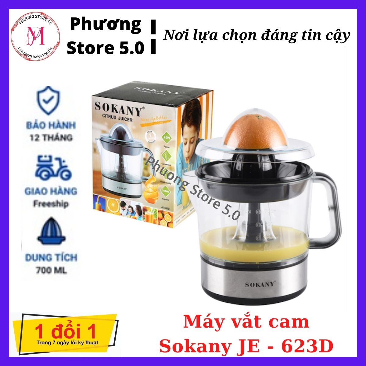 Máy vắt cam, máy ép cam SOKANY JE-623D 700ml, máy ép trái cây kiểu dáng sang trọng tinh tế, Bảo hành 1 đổi 1 nếu do lỗi của nhà sản xuất