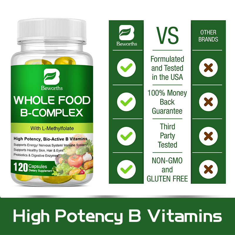 BEWORTHS Viên nang phức hợp vitamin B B1, B2, B3, B5, B6, B7, B9, B12 để hỗ trợ căng thẳng, năng lượng và miễn dịch Thực phẩm bổ sung toàn phần