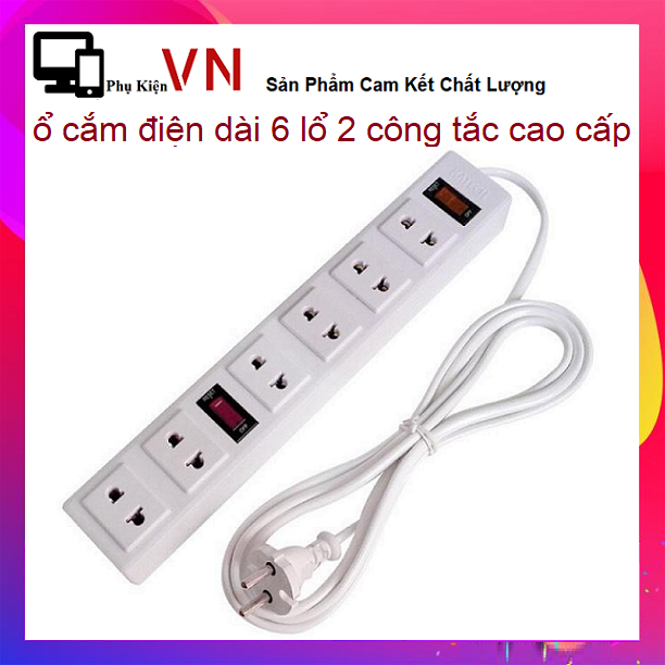 Ổ điện dài vecas 6 lỗ 2 công tắc cao cấp - ổ điện vecas 3m 2 công tắc thông minh