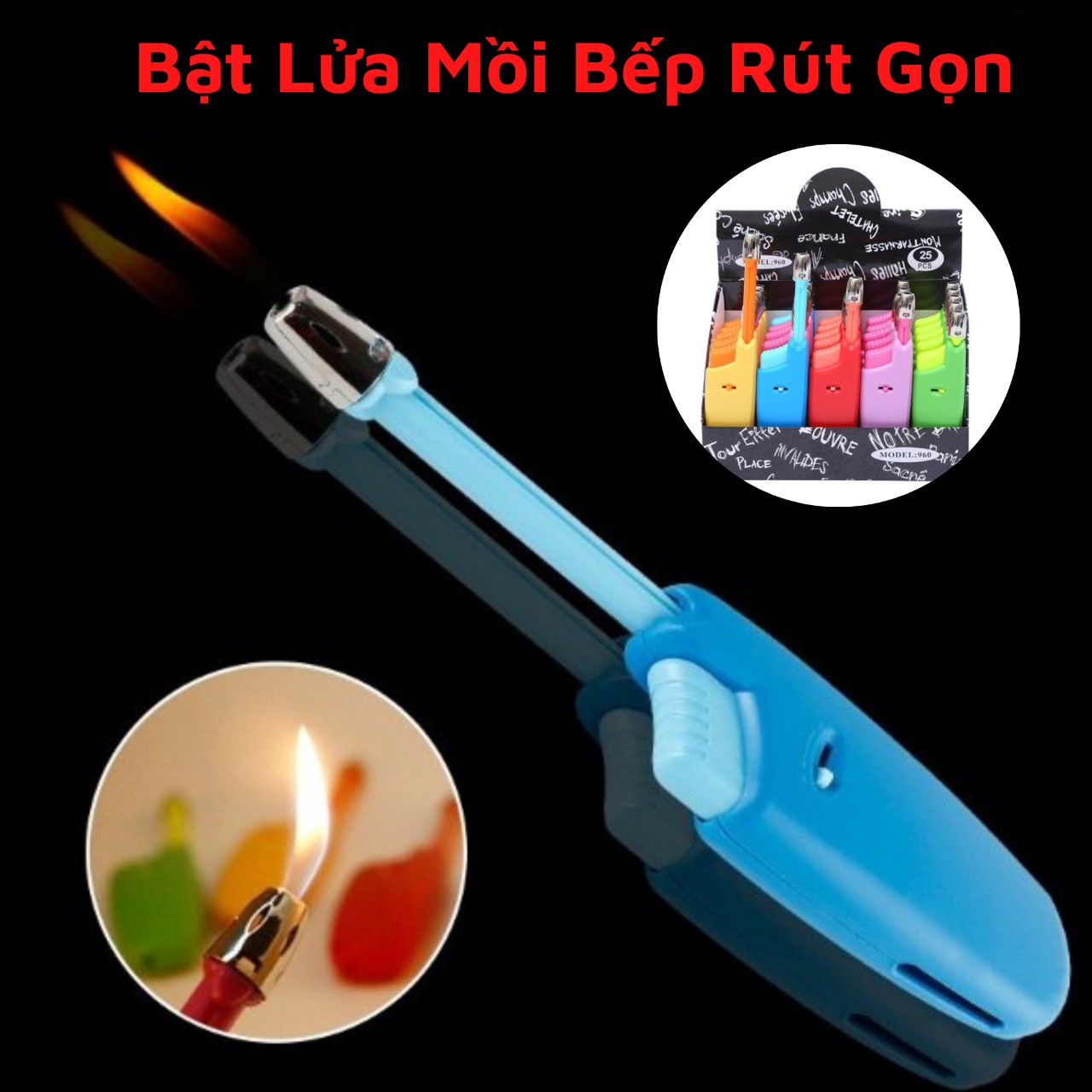 Bật Lửa Gas Mồi Bếp Rút Gọn ( Xài Gas - Nhiều Màu ) Bật Lửa Đốt Nến Thơm, Mồi Bếp Dùng Cho Bếp Gas, Bếp Cồn ( KHÔNG GAS)