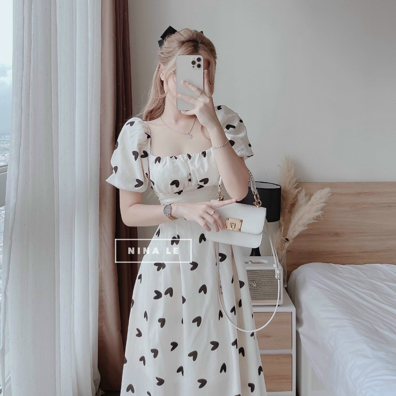 Đầm voan maxi cột nơ sau lưng kèm nhiều họa tiết trái tim siêu xinh .qc
