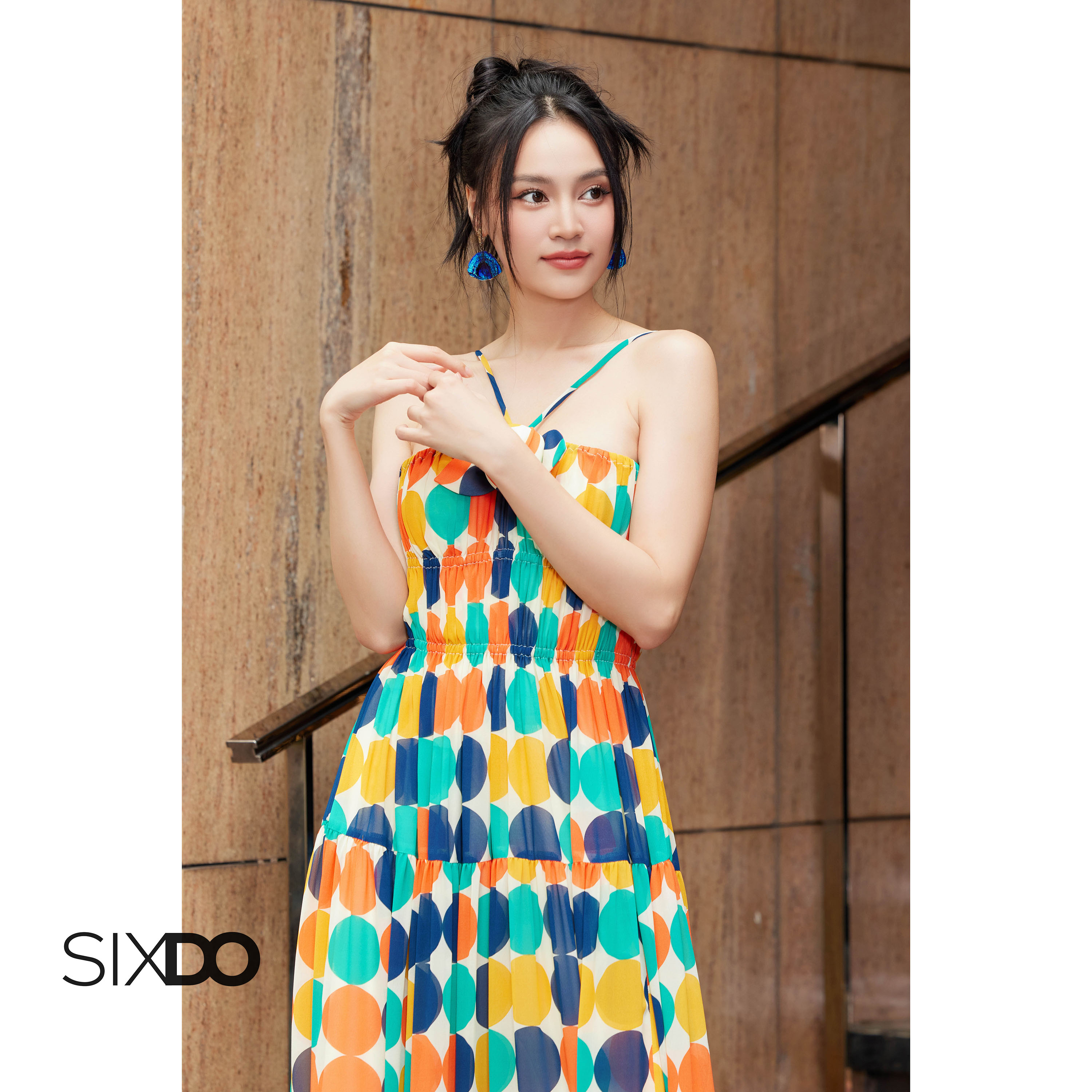 Đầm chiffon cúp ngực chấm bi SIXDO (Cream Polka Dots Midi Chiffon Dress)