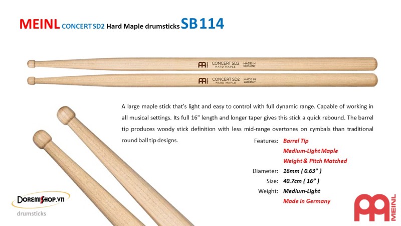 MEINL CONCERT SD2 Hard Maple drumsticks SB114