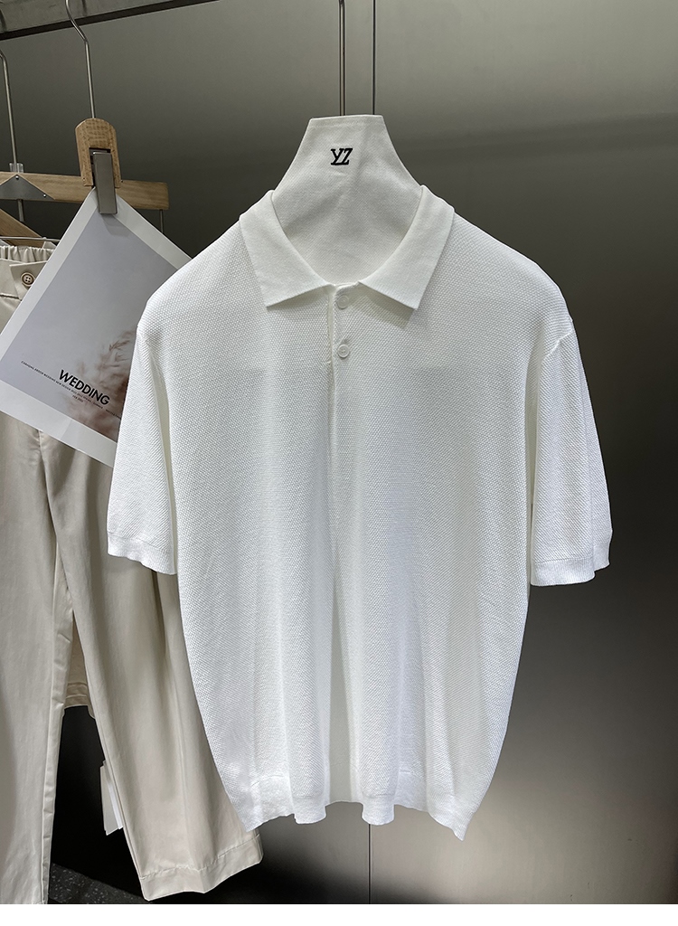 Original Tencel Mulberry Silk! Calming Heavy King Fried Men's Solid Color POLO Knit Short Sleeve T-Shirt 2176