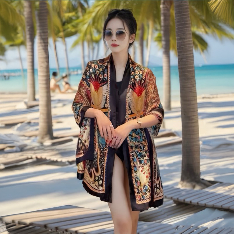Khăn choàng lụa đi biển quấn bikini - Áo quây khăn lụa - Khăn lụa dài thắt nơ cổ áo công sở Double Care 180x90cm đẹp