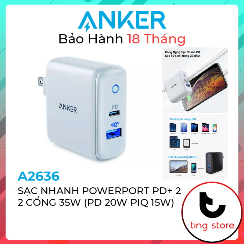Sạc Nhanh Anker Powerport PD+2 - 2 Cổng 35W (1 USB-C PD 20W - 1 USB-A PowerIQ 15W) - A2636