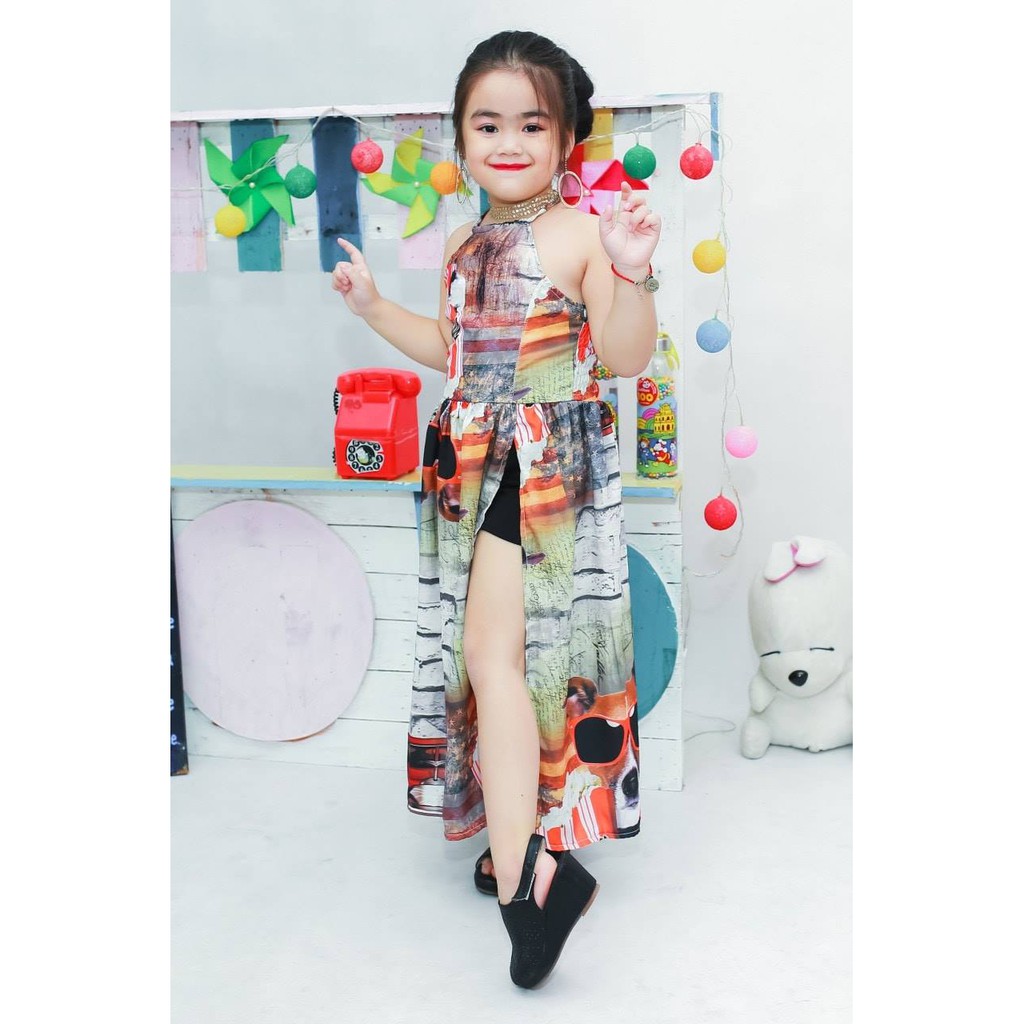 [HCM]Đầm Maxi In Họa Tiết Cún Bé Gái Lụa Thun Co Giãn Độc Lạ