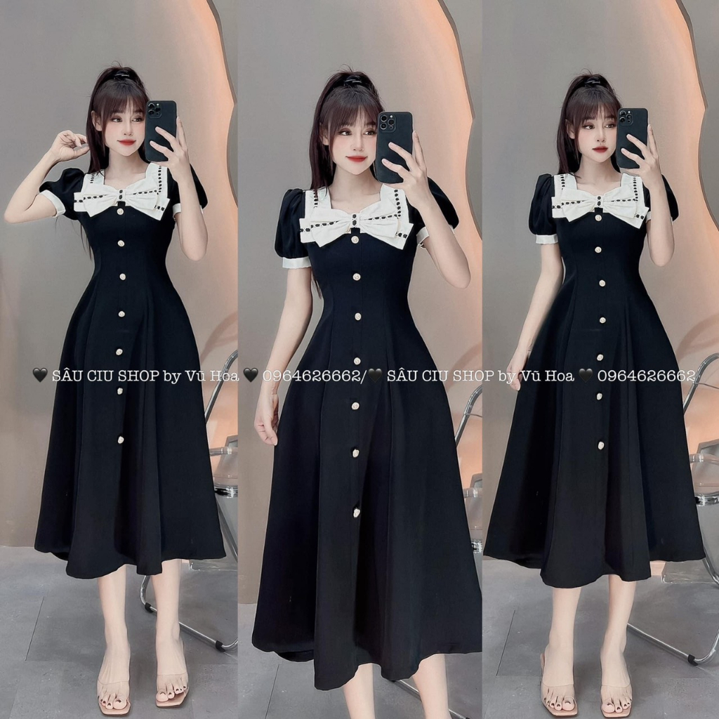 Váy nơ dài thiết kế siêu sang chảnh - Váy dáng dài màu đen phối cổ nơ trắng