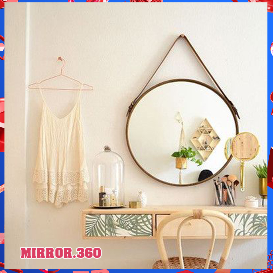 (Size 50cm) Gương Tròn Treo Tường Viền Da Simili (Màu Vàng Bò)