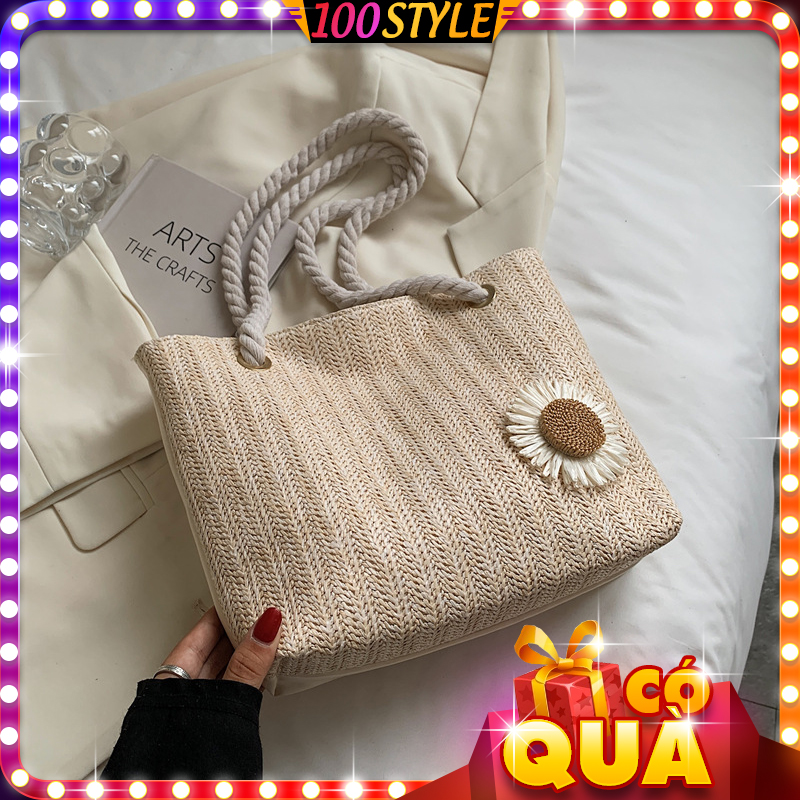 Túi Cói Vuông Lớn Phối Hoa Cúc Xinh Xinh - 100style