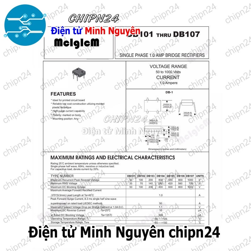 [5 con] (K459) Cầu Diode DB107 1A 700V (1A vuông) - HH000226