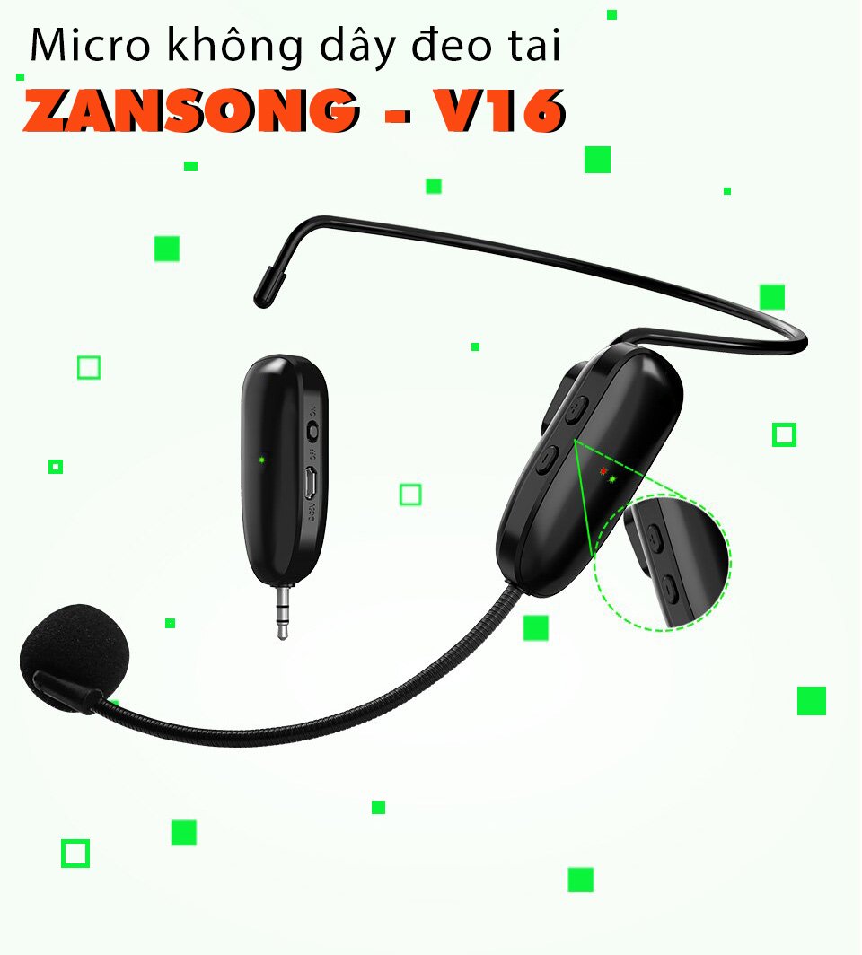 Micro Không Dây Đeo Tai Zansong V16 , Micro Thuyết Trình Trợ Giảng Không Dây UHF , Đầu Thu 3.5Mm Chuyên Dùng Cho Loa Mini , Loa Kéo , Máy Trợ Giảng ( Tặng Kèm Đầu Thu 6.5 )