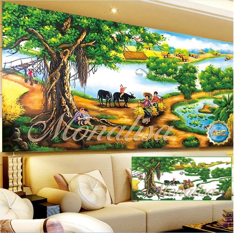 Tranh đính đá phong cảnh làng quê tuyệt đẹp 150x70cm