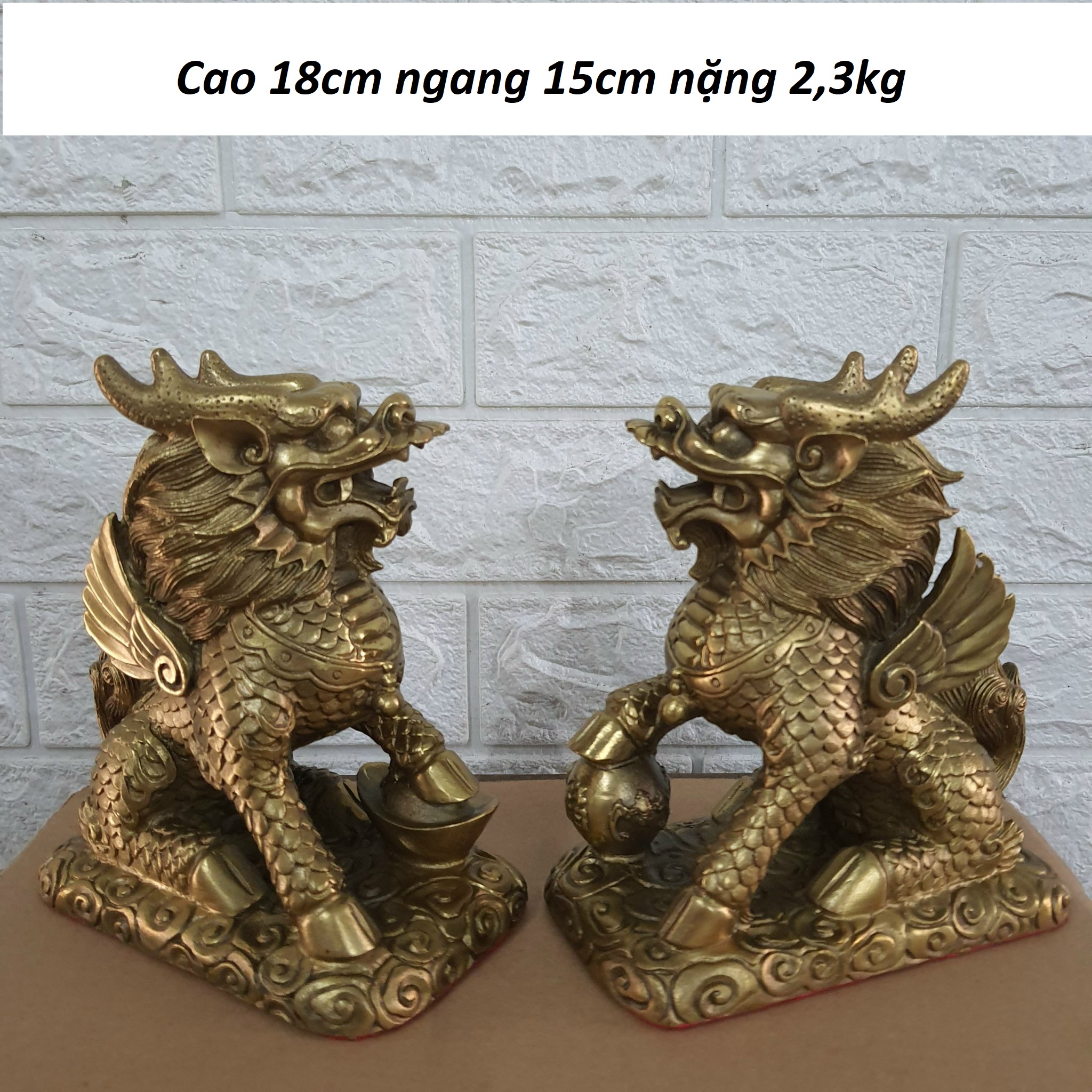 Tượng cặp kỳ lân ngồi bệ bằng đồng MS46