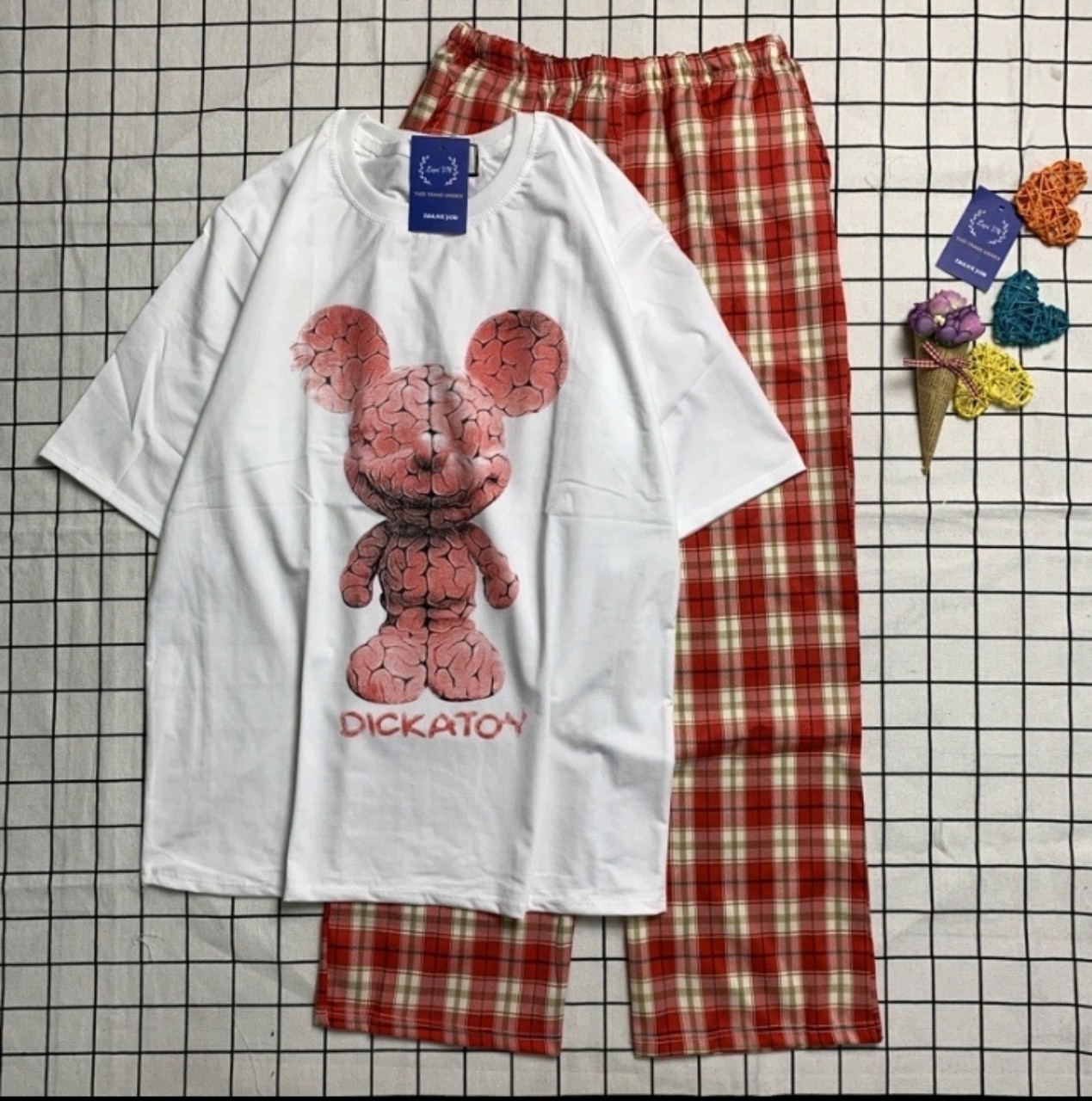Set set home wear long pants checkerboard ống loose pullover Cotton