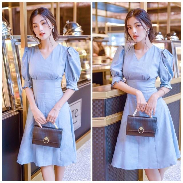 [HCM]Đầm xanh biển cổ V tay xếp li